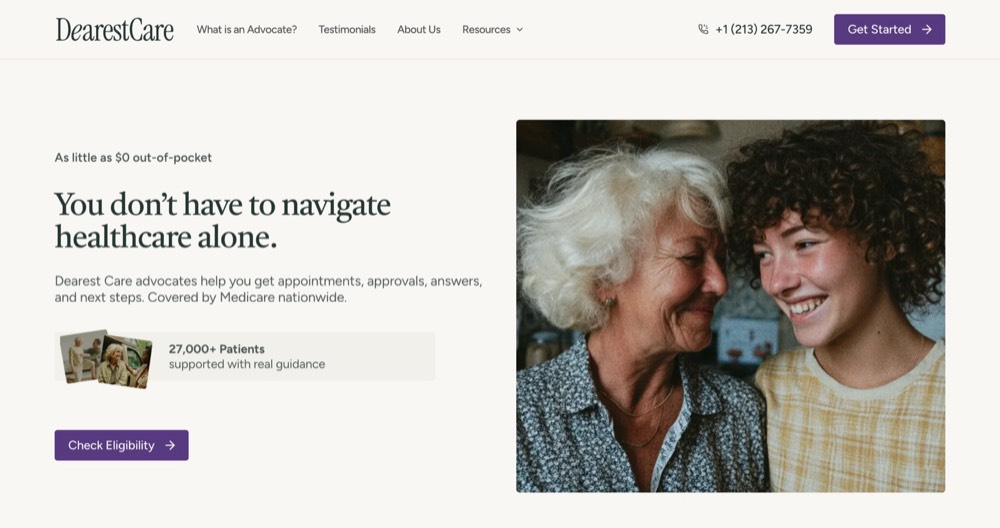 Dearest Care homepage: “You don’t have to navigate healthcare alone.”